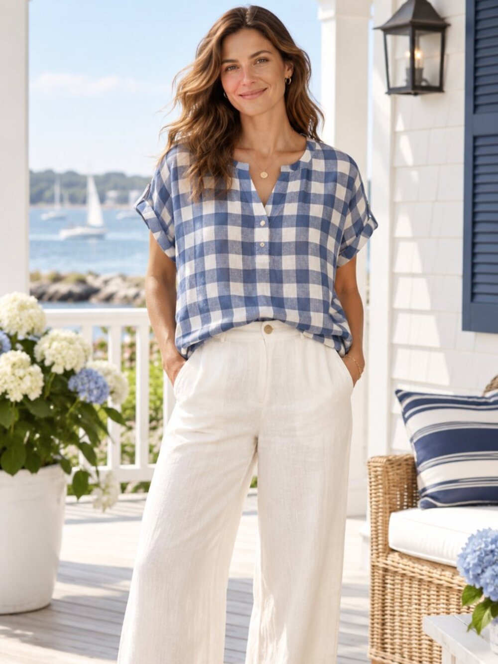 L.L.Bean Signature Linen Gingham Popover Top Medium Blue White